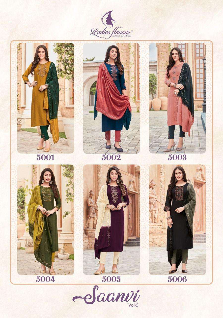 Ladies Flavour-Saanvi Vol 5-Rayon-Weaving-Embroidery-Sequence-Work-Kurti-Cotton-Slub-Lycra-Pant-Chanderi-Viscose-Mirror-Work-Dupatta-Collage